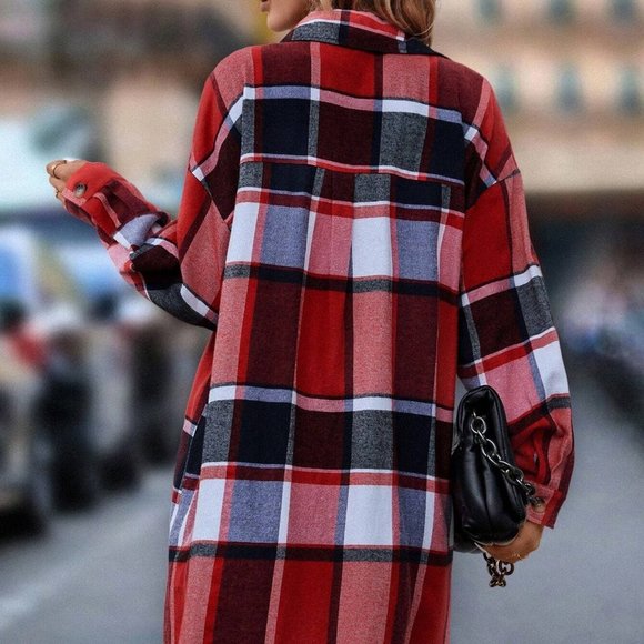 Red Trendy Womens Plaid Print Drop Shoulder Flap Pocket Overcoat - Picture 2 of 5